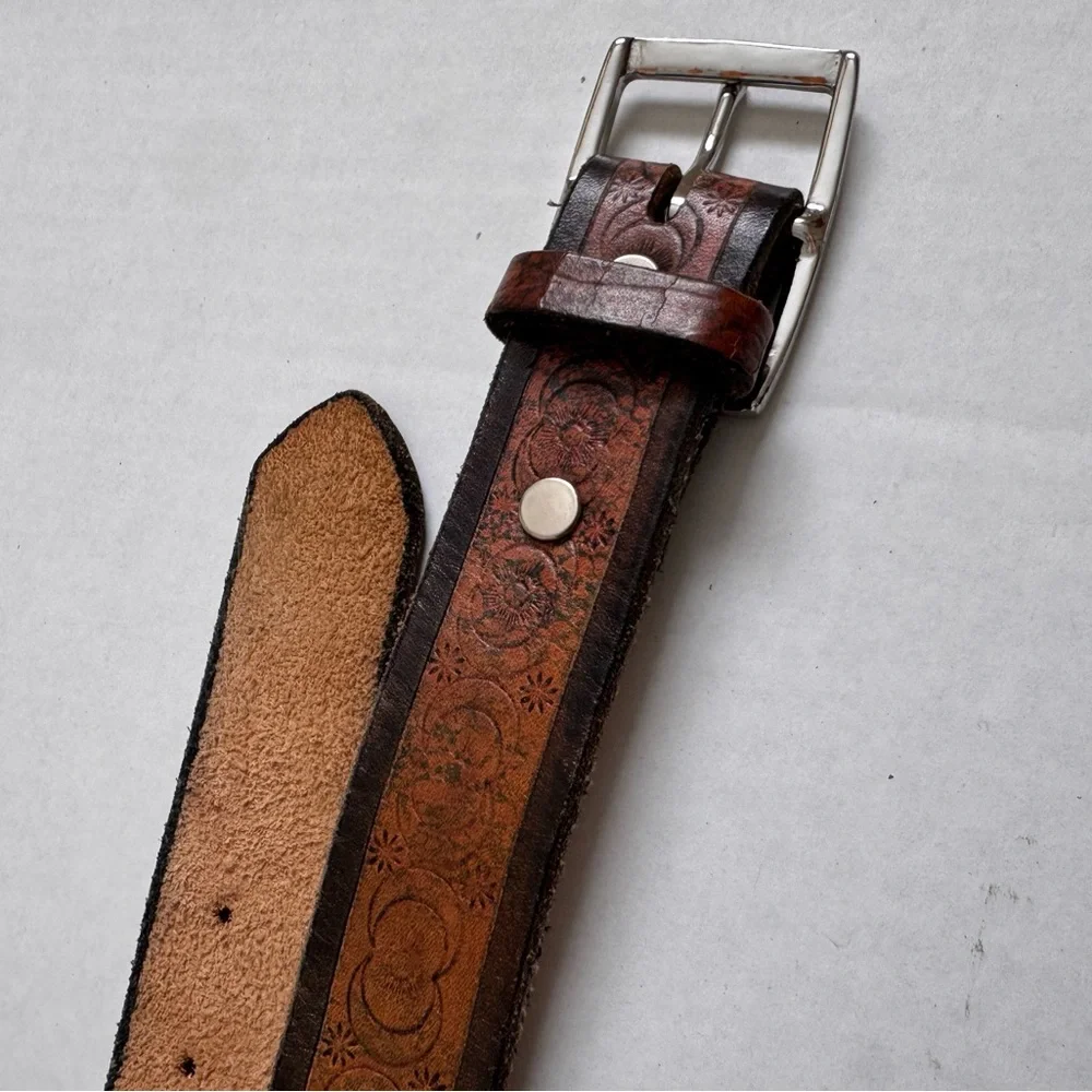 Vintage Leather Belt w/ Silvertone Buckle Marked Solid Brass Tooled Leather 32”